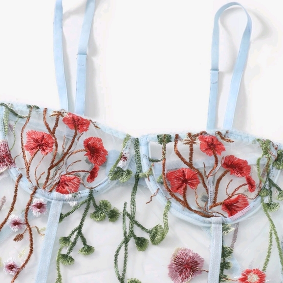Sheer baby blue floral teddy lingerie sexy bodysuit Large - Picture 3 of 4